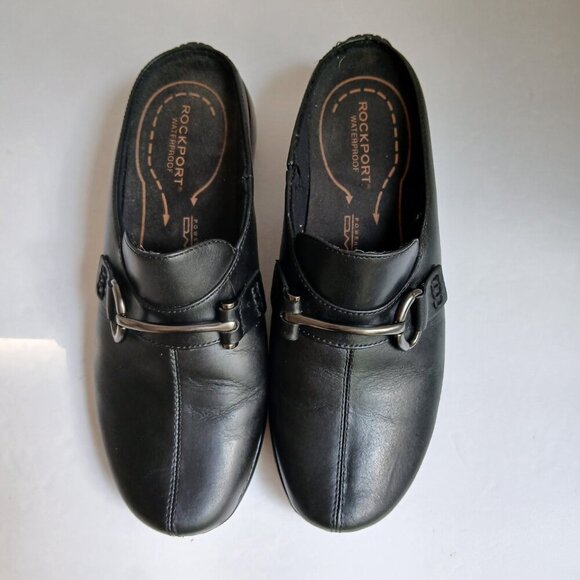 Black Leather Upper Waterproof Mules Gunmetal Bar Horsebit Decoration Sz 7M - Picture 2 of 12